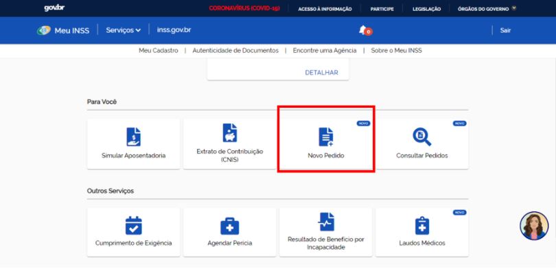Imagem do portal INSS para abrir pedido